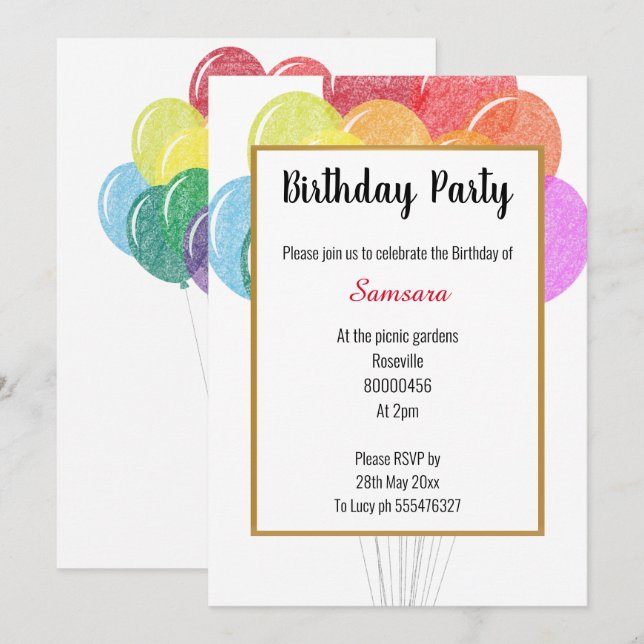 Rainbow Balloons White Birthday Inbjudningar (Fram/baksida)