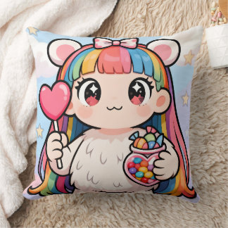 Rainbow Bear Girl Candy Pop Pillow Kudde