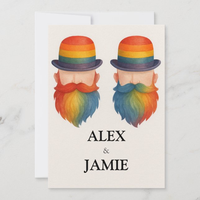 Rainbow Beard & Hat Gay bröllopsinbjudan Inbjudningar (Framsida)