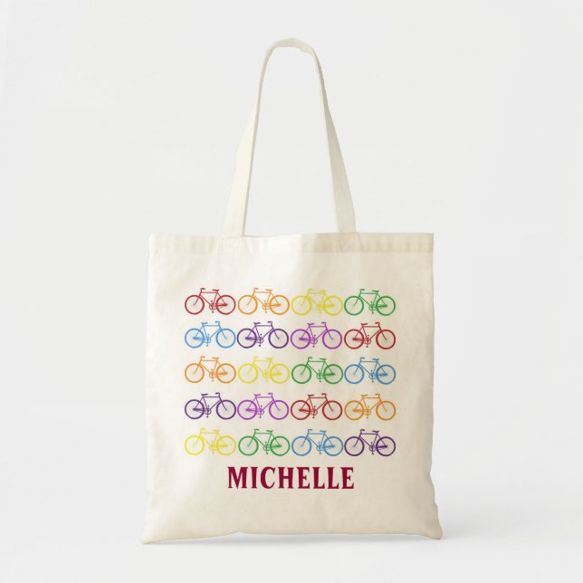 Rainbow Bicycle Cyclist Namn Personlig Tote Tygkasse (Framsidan)