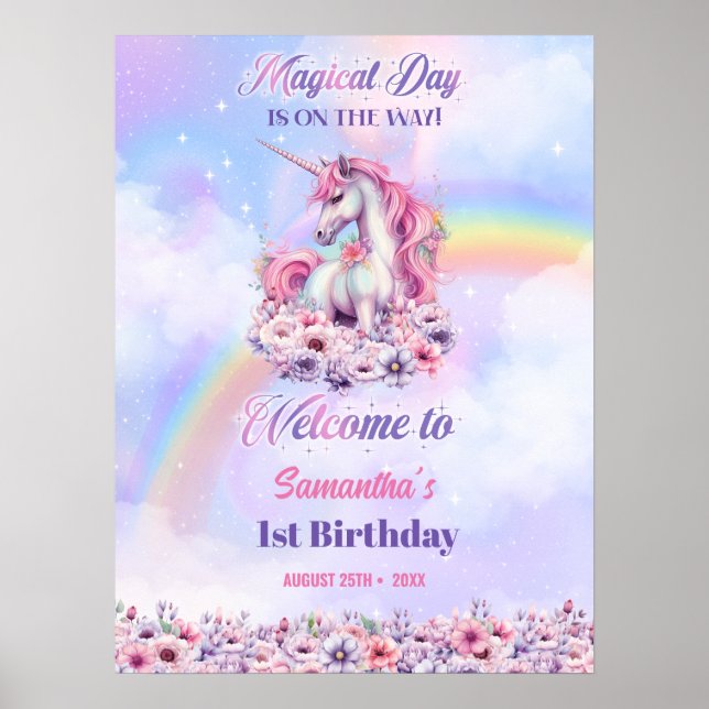 Rainbow Birthday Girls Pastel Magi Unicorn Poster (Framsidan)