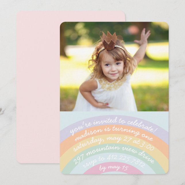 Rainbow Birthday-inbjudan med foto Inbjudningar (Fram/baksida)