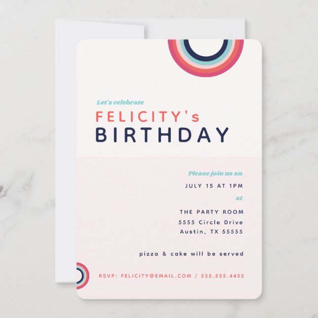 Rainbow Birthday Kids Rosa Blue Teal Party Inbjudningar (Framsida)