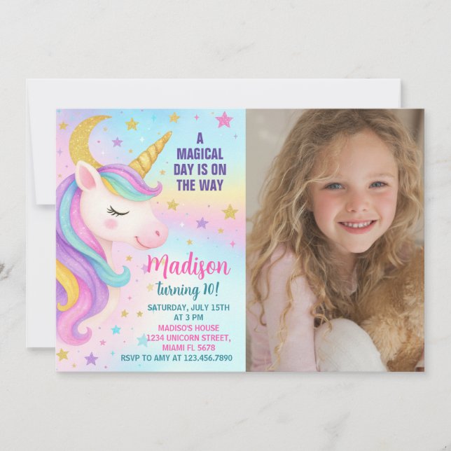 Rainbow Birthday Unicorn-inbjudan Inbjudningar (Framsida)