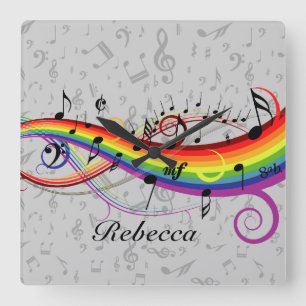 Rainbow Black Musik noter på Grått Fyrkantig Klocka
