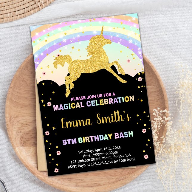 Rainbow Black Unicorn Birthday-inbjudningar Inbjudningar (Rainbow Black Unicorn Birthday Invitations)
