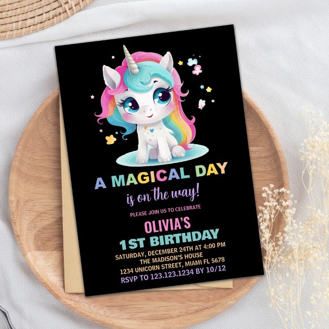 Rainbow Black Unicorn Birthday-inbjudningar Inbjudningar (Rainbow Black Unicorn Birthday Invitations)
