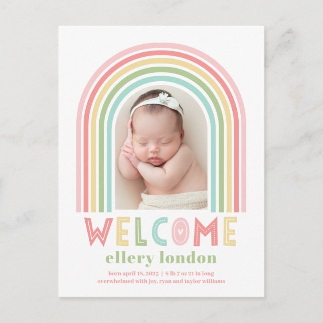 Rainbow Bliss Baby Birth Notification Postcard Vykort (Framsida)