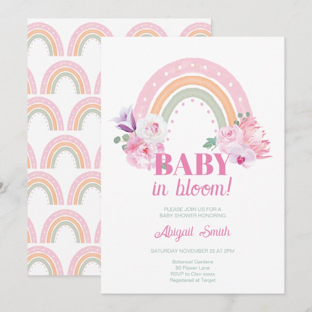 Rainbow Blommigt Boho Baby Shower Inbjudningar (Fram/baksida)