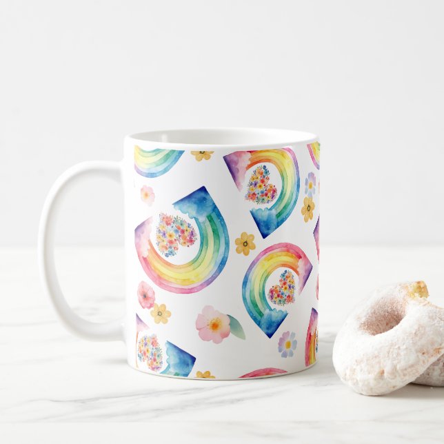 Rainbow Blommigt Heart Mugg - Bright Watercolor Gi (Med munk)