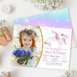 Rainbow Blommigt Magic Unicorn Girl Birthday Photo Inbjudningar