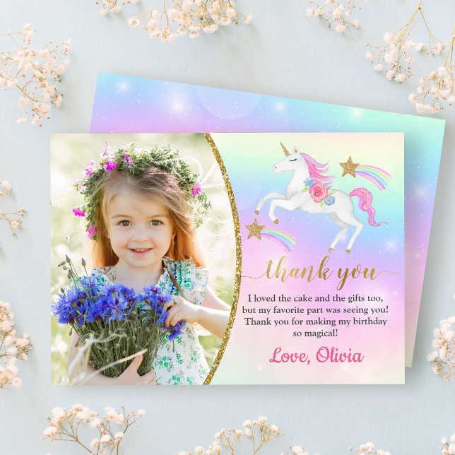 Rainbow Blommigt Magic Unicorn Girl Birthday Photo Tack Kort (Skapare uppladdad)