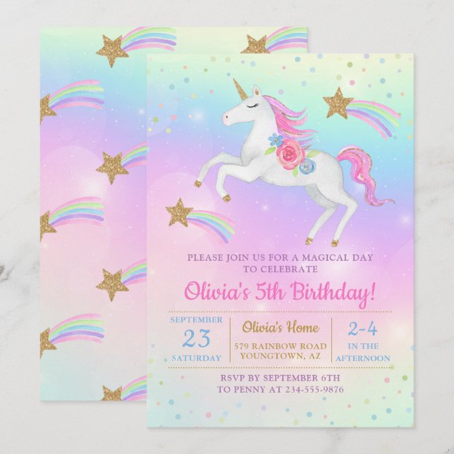 Rainbow Blommigt Magic Unicorn Girls Birthday Inbjudningar (Fram/baksida)