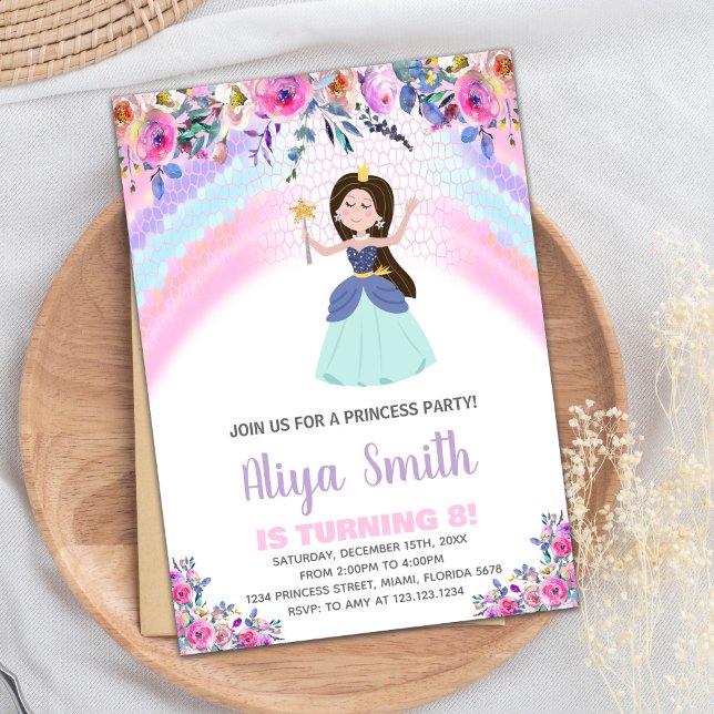 Rainbow Blommigt Rosa Princess Birthday Investigat Inbjudningar (Rainbow Floral Pink Princess Birthday Invitations)