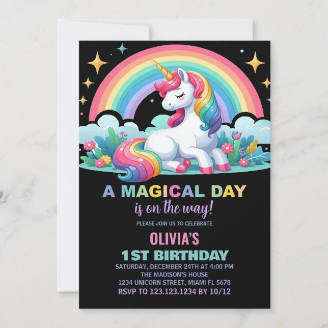 Rainbow Blommigt Unicorn Birthday-inbjudningar Inbjudningar (Framsida)