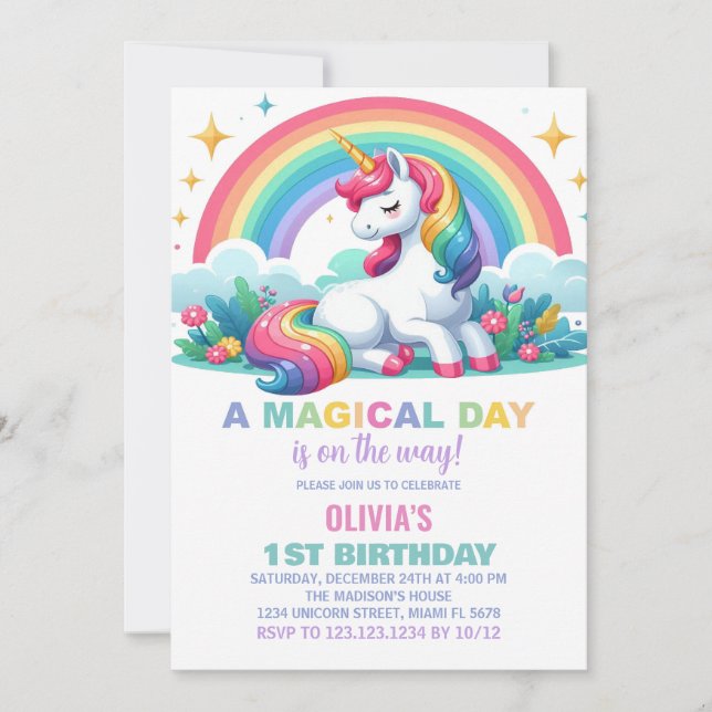 Rainbow Blommigt Unicorn Birthday-inbjudningar Inbjudningar (Framsida)