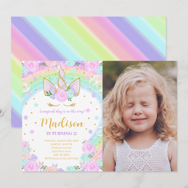 Rainbow Blommigt Unicorn Birthday Photo Inbjudningar (Fram/baksida)