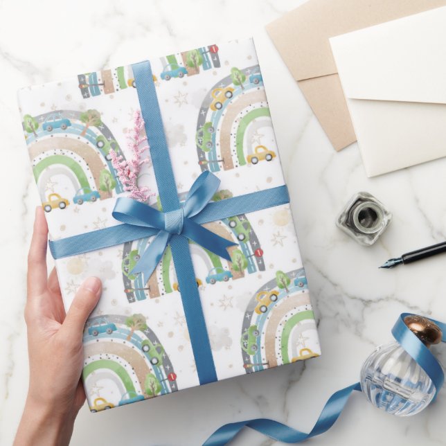 Rainbow Blue och Grönt with Cars Street Signs Boy Presentpapper (Gifting)