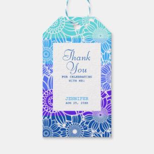 Rainbow Blue Rand Blommigt Birthday Tack Presentetikett