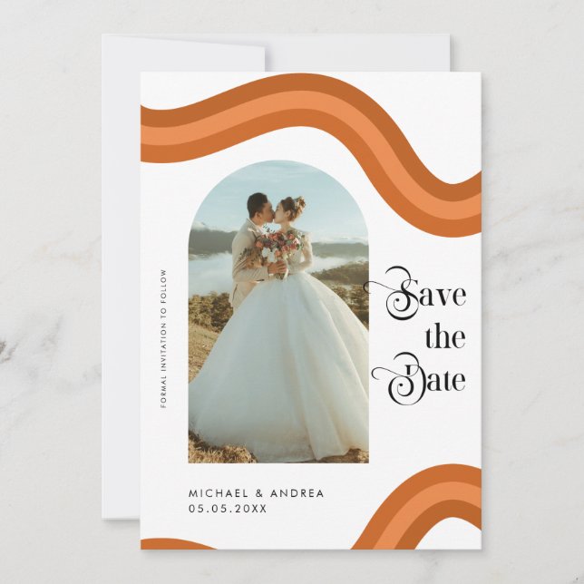 Rainbow Boho Arch Photo Retro Script 70s Bröllop Spara Datumet (Framsida)