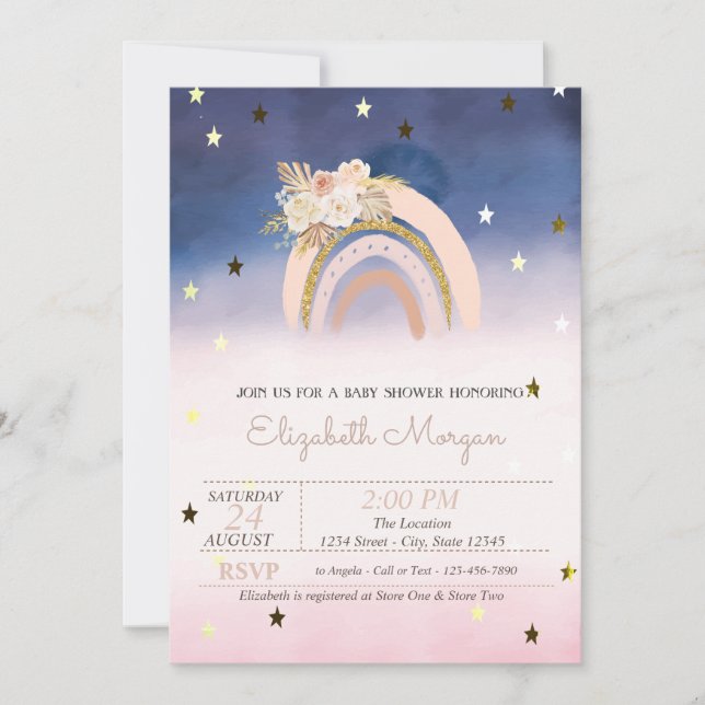 Rainbow Boho Flowers Stars Ombre Baby Shower Inbjudningar (Framsida)