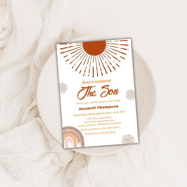 Rainbow Boho här kommer hit från barnskåran. Inbjudningar (Rainbow Boho Here Comes The Son Baby Shower Invitation)