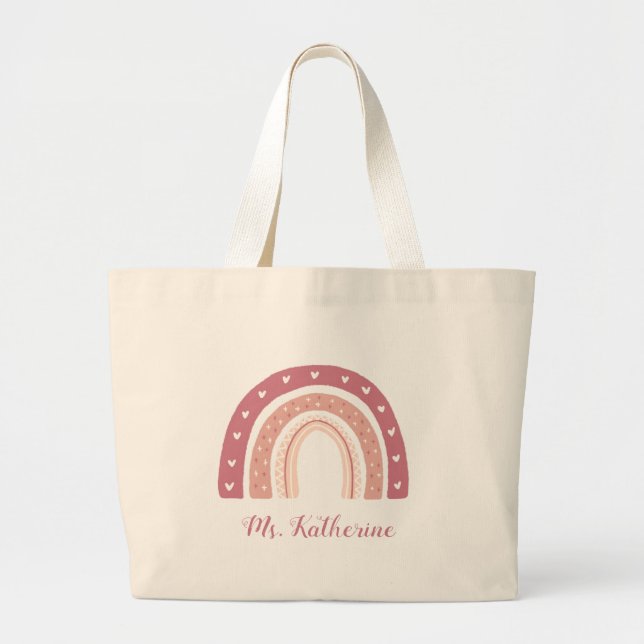 Rainbow Boho Pastel Rosa Gift Large Tote Bag Jumbo Tygkasse (Framsidan)