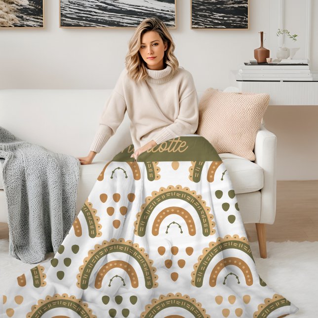 Rainbow Boho Personlig Grönt White Brown Fleecefilt (Rainbow Boho Personalized Green White Brown Fleece Blanket from Ricaso. Great custom gift idea )