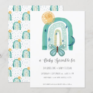 Rainbow Boho Watercolor Modern Teal Blue Sol Måne Inbjudningar