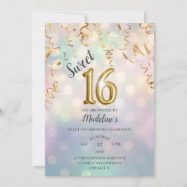 Rainbow Bokeh Guld Confetti och Gnistra Foil 16 Inbjudningar