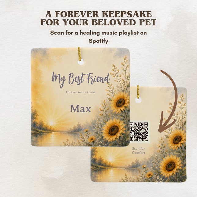 Rainbow Bridge Husdjur Minnesmärke med Spotify Spe Julgransprydnad Keramik (Rainbow Bridge ornament with Spotify QR code linking to a comforting pet grief remembrance playlist.)