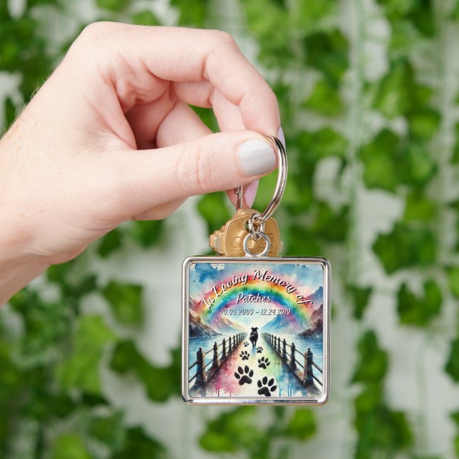 Rainbow Bridge Pet Loss Memory Petal Press Co Fyrkantig Silverfärgad Nyckelring (Hand)