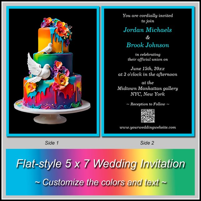 Rainbow Bröllop Cake med Doves Bröllop Inbjudningar (Change the black background and turquoise border to any colors you like.)