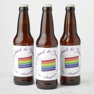 Rainbow Bröllop Cake Slice Lila Heart LGBT Gay Ölflaska Etikett