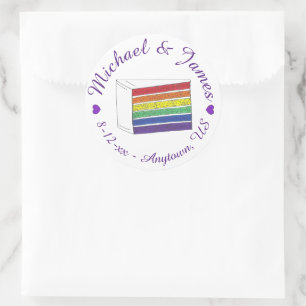 Rainbow Bröllop Cake Slice Lila Heart LGBT Gay Runt Klistermärke