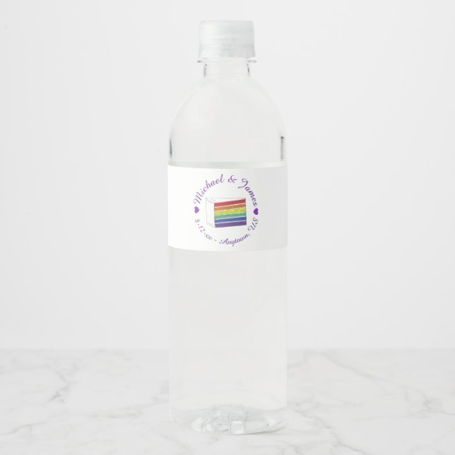 Rainbow Bröllop Cake Slice Lila Heart LGBT Gay Vattenflaska Etikett (Framsida)