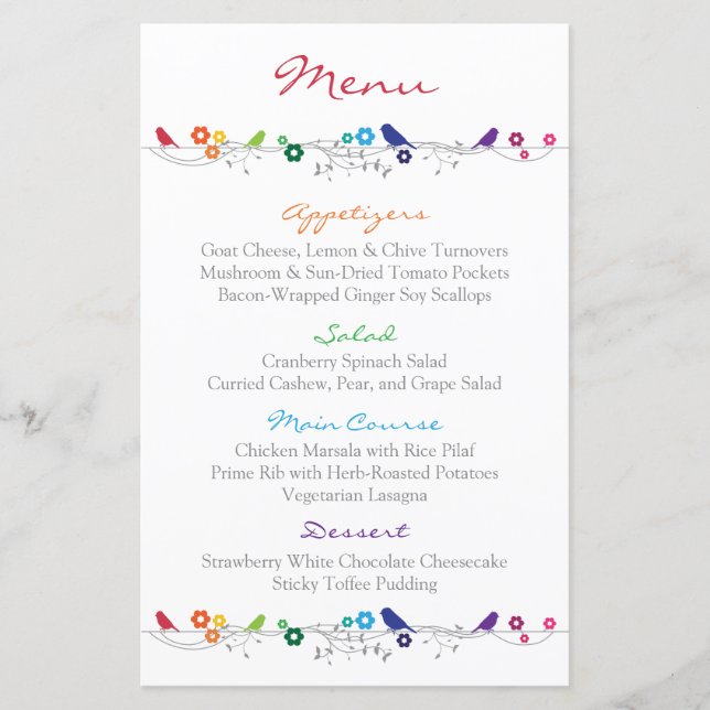 Rainbow Bröllop Menu Birds Flowers (Framsida)