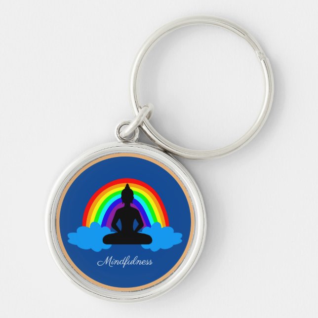 Rainbow Buddha & Mindfulness Yoga /meditation Rund Silverfärgad Nyckelring (Framsidan)