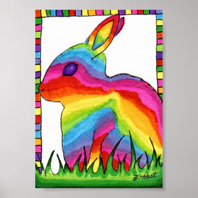 Rainbow Bunny Rabbit Mini Folk Art Poster (Framsidan)