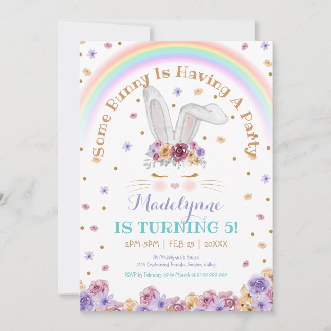 Rainbow Bunny Watercolor Blommigt Bunny Birthday Inbjudningar (Framsida)