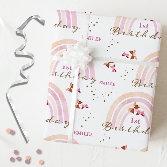 Rainbow Butterflies Birthday Pastel Pinks Presentpapper (Skapare uppladdad)