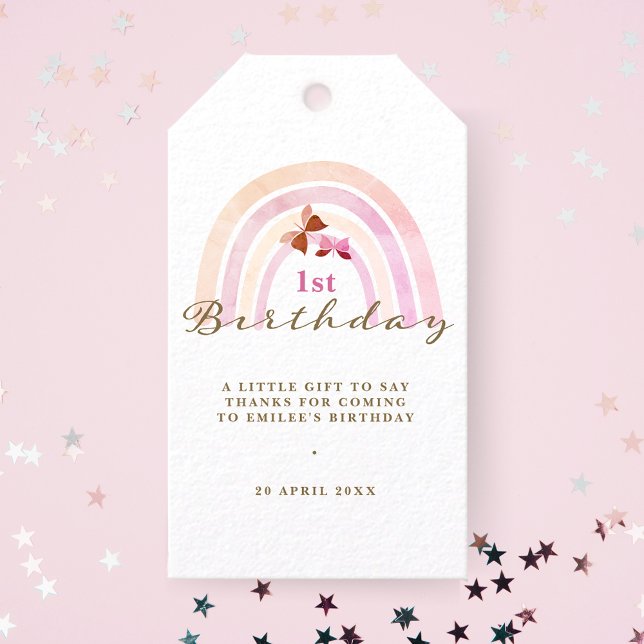 Rainbow Butterflies Birthday Pastel Rosa Tack Presentetikett (Skapare uppladdad)
