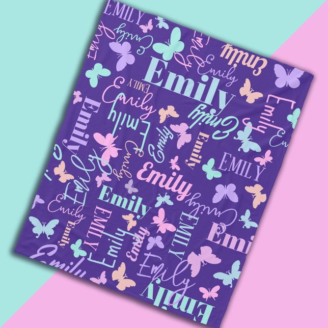 Rainbow butterflies custom name blue rosa lila fleecefilt (Skapare uppladdad)