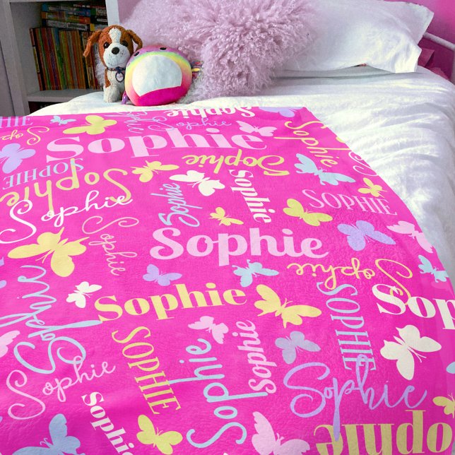 Rainbow butterflies eget namn Sophie shock rosa Fleecefilt (Skapare uppladdad)
