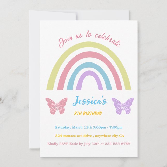 Rainbow & butterfly Birthday for Girls editable Inbjudningar (Framsida)