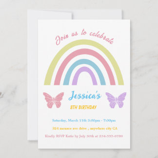 Rainbow & butterfly Birthday for Girls editable Inbjudningar