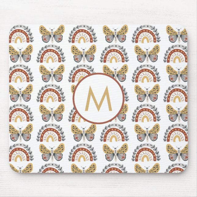 Rainbow Butterfly Boho Mönster Monogram Musmatta (Framsidan)