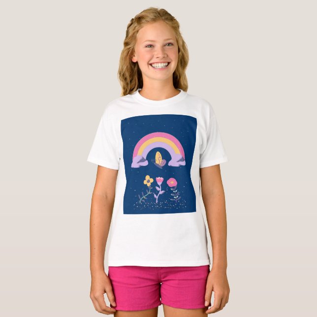 Rainbow Butterfly Flowers Cloud T Shirt (Hel framsida)