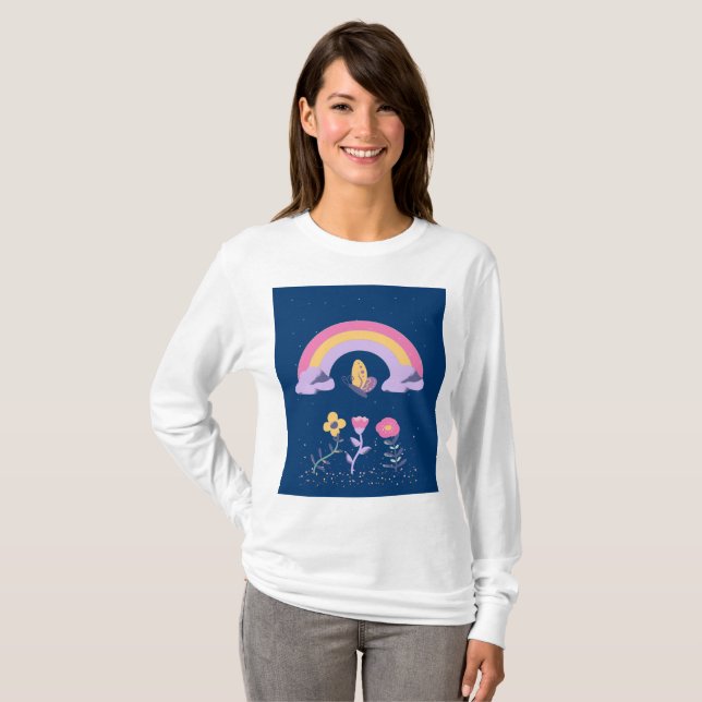 Rainbow Butterfly Flowers Cloud T Shirt (Hel framsida)