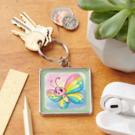 Rainbow Butterfly Keychain Fyrkantig Silverfärgad Nyckelring